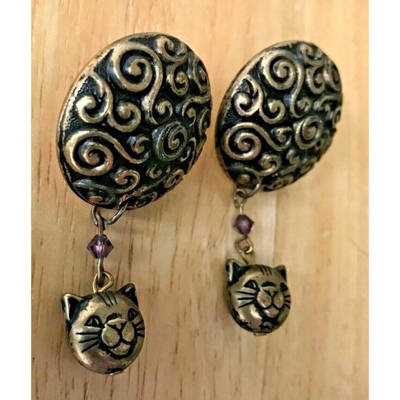 Cat Earrings Handmade Vintage One of  Kind New Purple Crystals Kitty Lov… - Picture 6 of 8